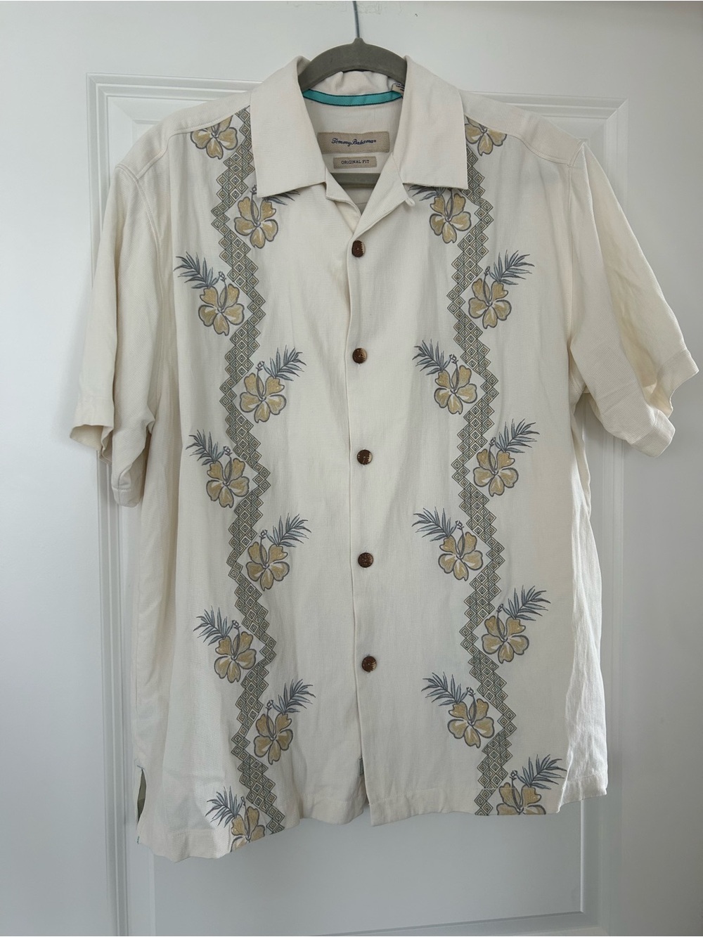 Tommy Bahama Silk Mens Large White Shirt Button Up Floral Beach